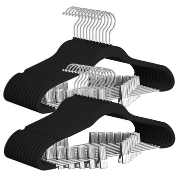 30 Pack Velvet Pants Hangers with Adjustable Clips, Black, Non-Slip