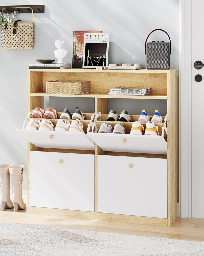 Narrow Shoe Cabinet with 4 Flip Drawers and Open Shelf, Freestanding Shoe Storage Cabinet , Compact Wooden Shoes
