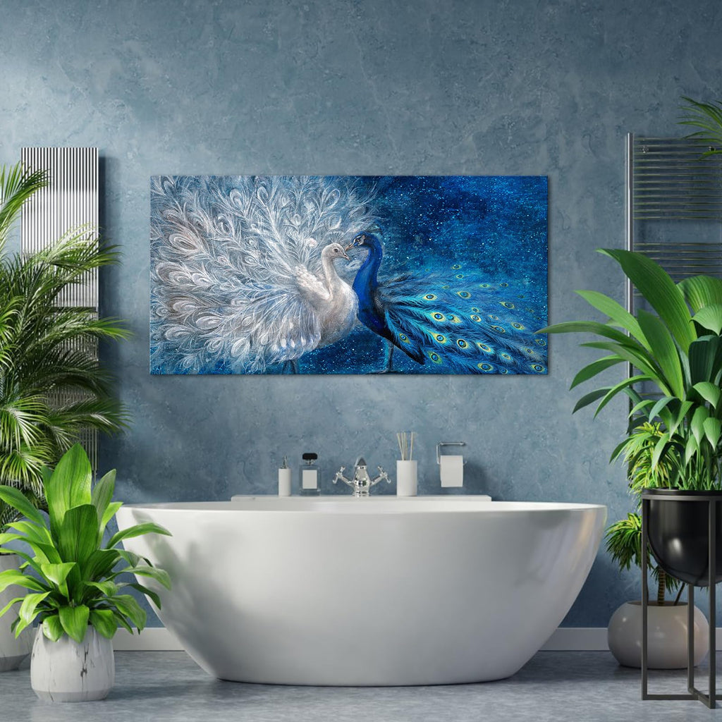 Peacock Canvas Wall Art Blue and White Peacock Couple Painting Pictures Elegant Animal Artworks Romantic Kiss Artwork