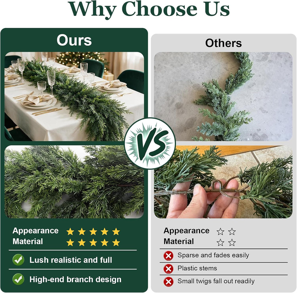 9FT Christmas Cedar Garland, Artificial Realistic Pine Greenery Garland with Flexible Wired Branches, Faux Cedar