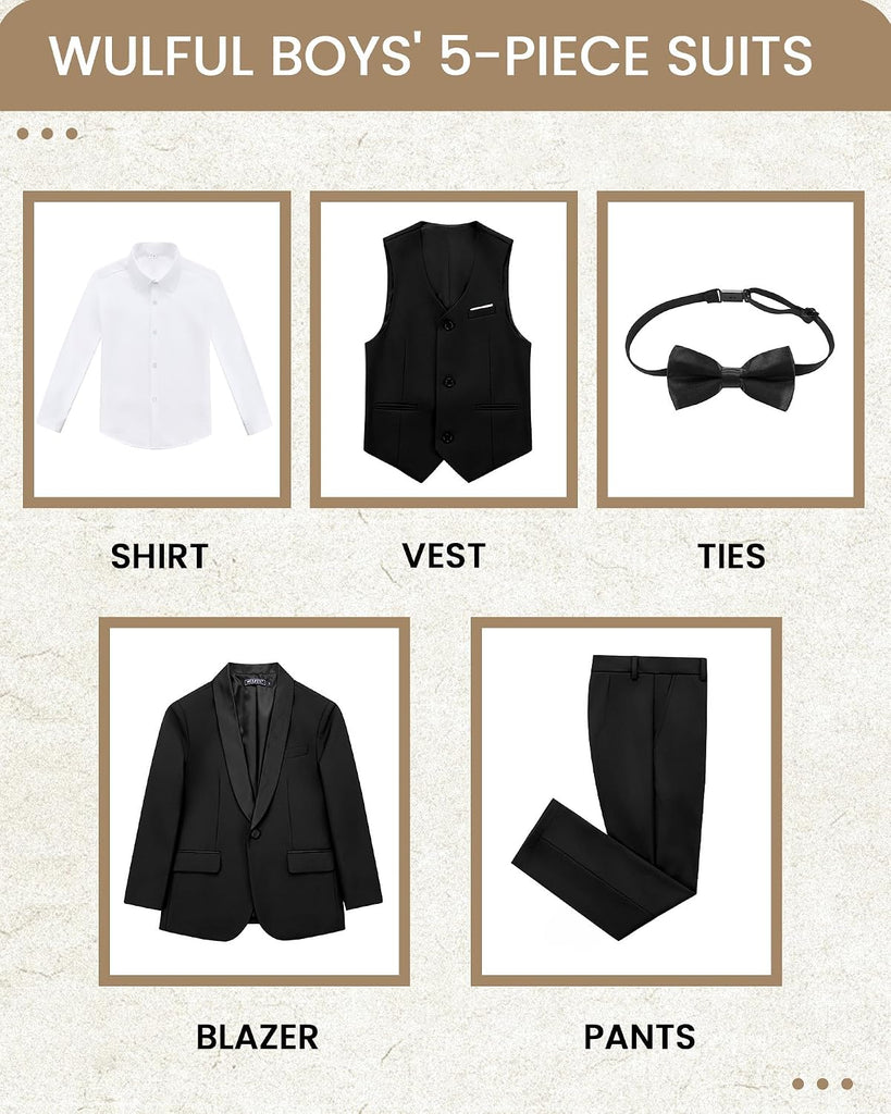 Boys 5 Pieces Tuxedo Suit Set Kids Suits Shawl Collar Jacket Pant Vest Bow Tie for Wedding Ring Bearer Party Prom