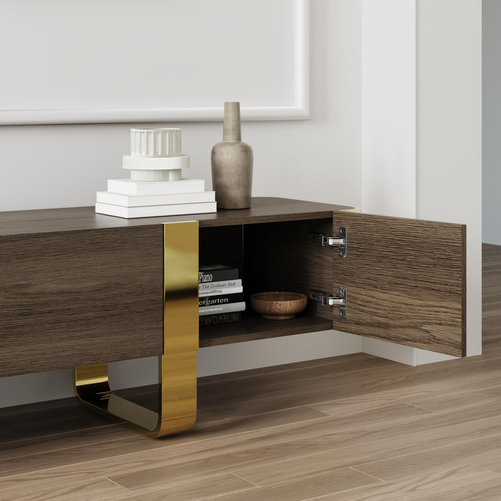 Walnut and Gold TV Stand, 79" TV Entertainment Center with 2 Hidden Storage Drawers and Cabinets, Media Console with