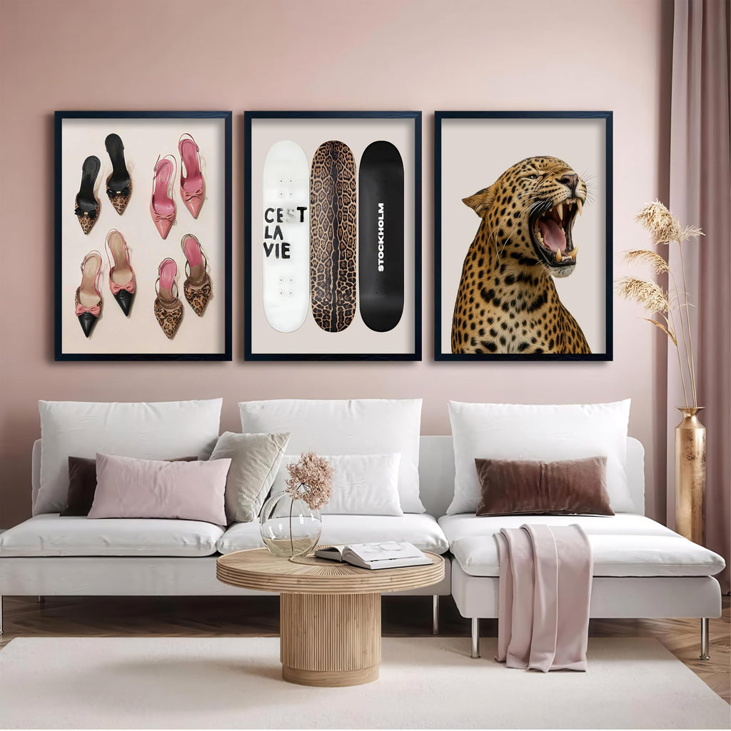 Stockholm Style Set of 3 Wall Art Set Leopard Print & Preppy Fashion Art with Heels, Skateboards & Roaring Leopard