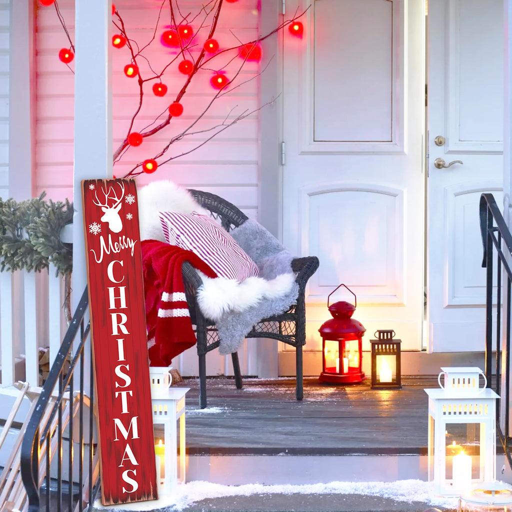 Merry Christmas Welcome Sign for Front Porch Standing, Snowflake Elk Wooden Porch Sign for Xmas Front Door