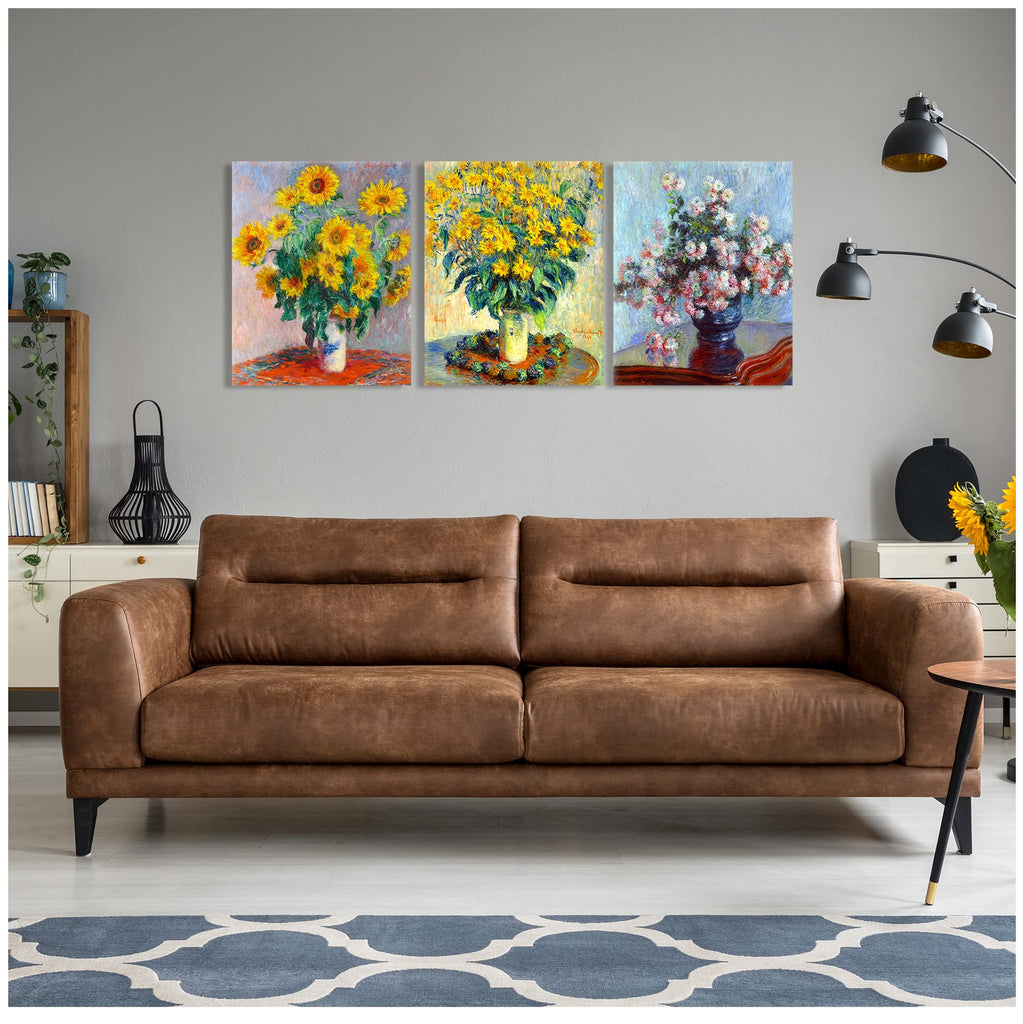 Monet (Jerusalem Artichoke Flowers, Bouquet of Sunflowers, Chrysanthemums) 3 Panel wall Art Decorations Giclee Print On