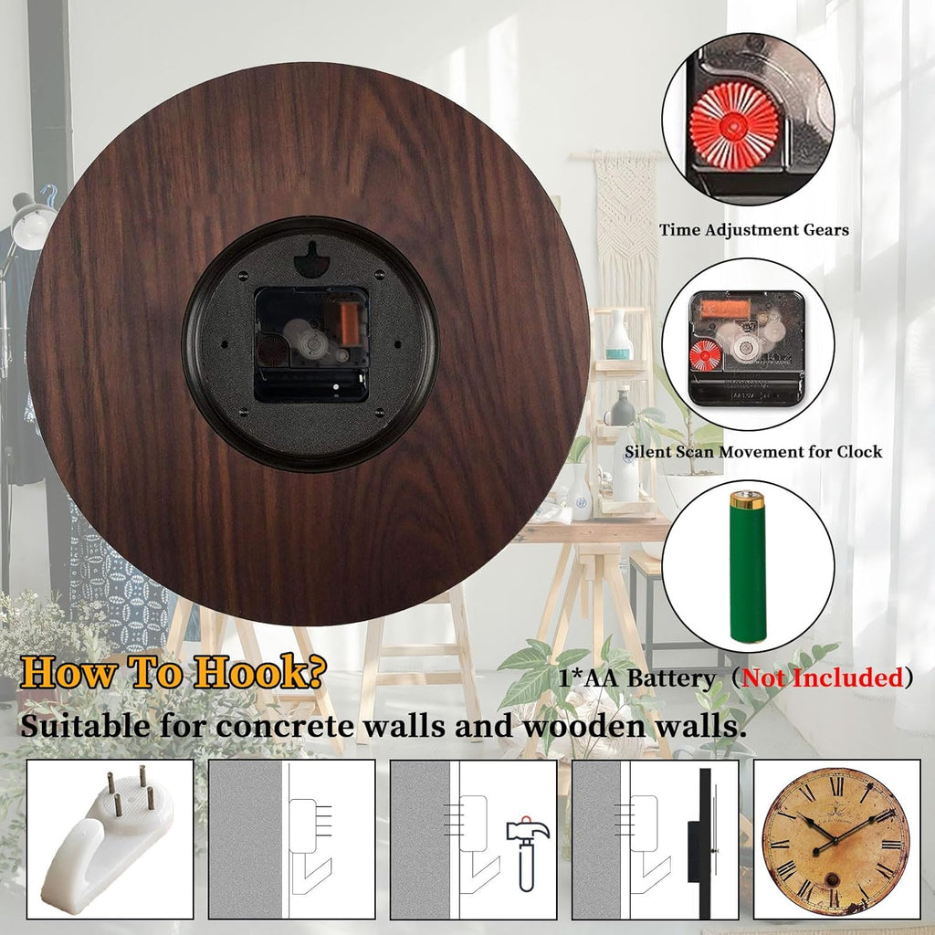 Rustic Large Wall Clock Silent Battery Operated for Farmhouse Livingroom,24 Inch Vintage Wall Clock Non-Ticking for