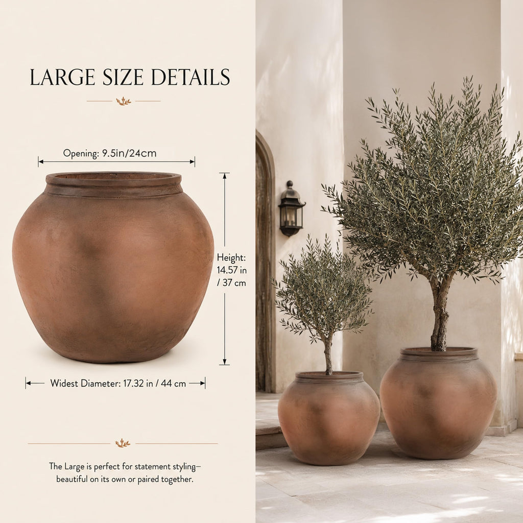 14" H x 17" Dia Brown Fiberstone Planter Pot with Drainage Hole, Weathered Stone-Look Decorative Flower Pot for Olive