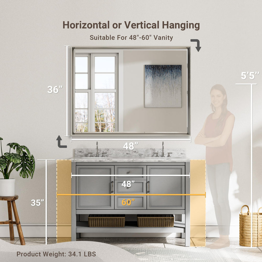 48'' x 36'' Brushed Nickel Framed Beveled Bathroom Mirror, Shatterproof Rectangle Brushed Nickel Frame Mirror