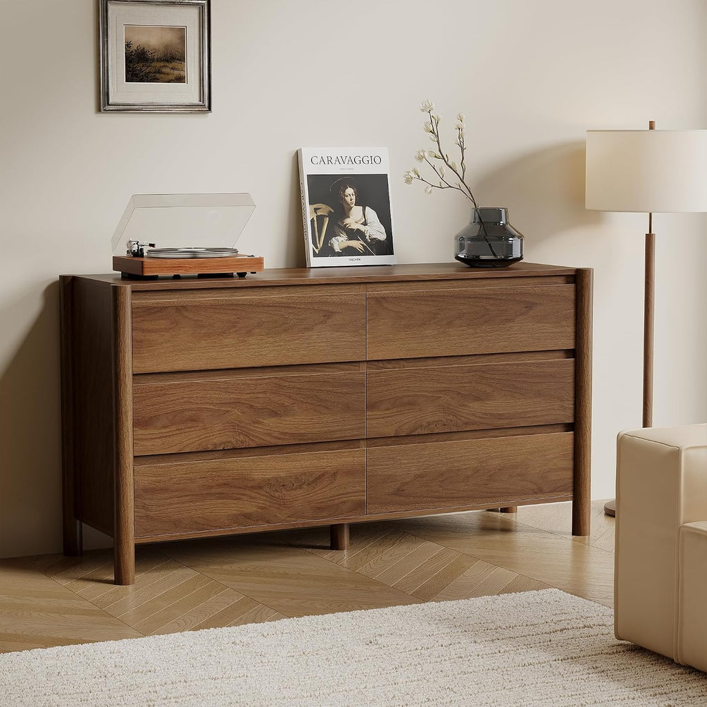 47" Wide 6-Drawer Dresser,Mid-Century Modern Chest with Solid Wood Legs, Concealed Handle,Large Wood Storage