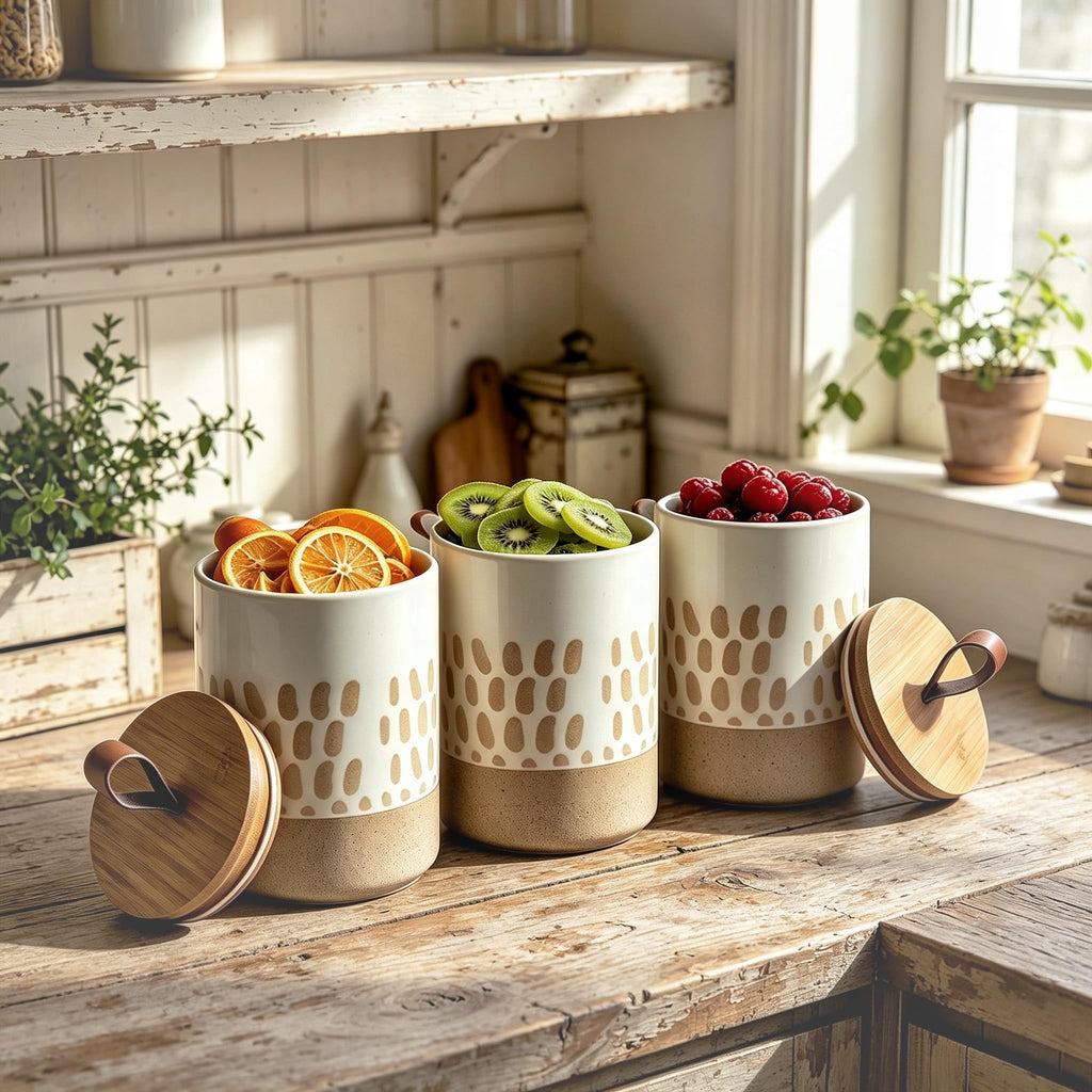 28 FL OZ Boho Ceramic Jar, Airtight Bamboo Lid, Canister for Coffee Beans