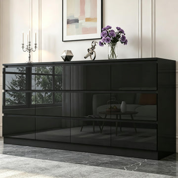 12 Drawers Dresser with Charging Station, Modern Large Dresser with 12 Handle Free Drawers, Wood Storage Chest of
