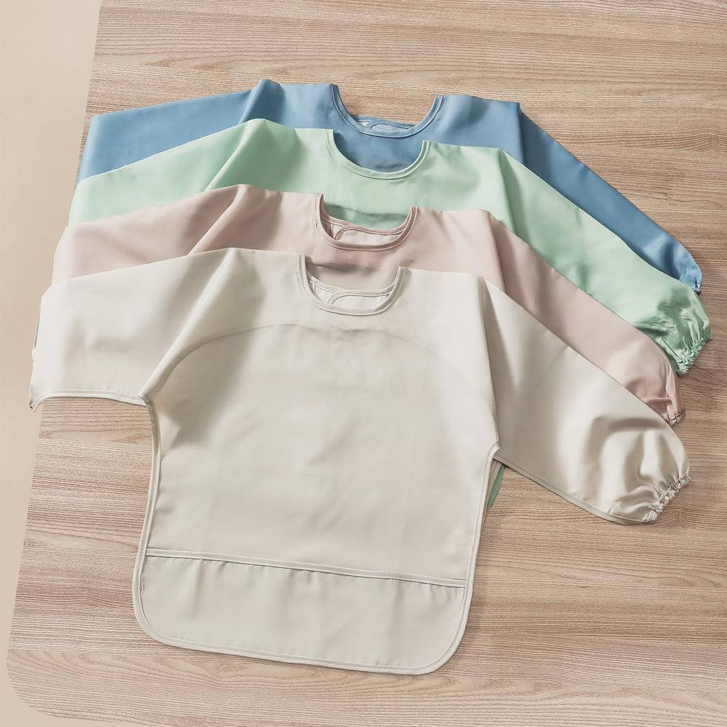 4 Pack Long Sleeve Bib, Reusable Bib with Catch-all Pocket, Waterproof Sleeved Smock for 6-30 Months Baby Boy or Girl