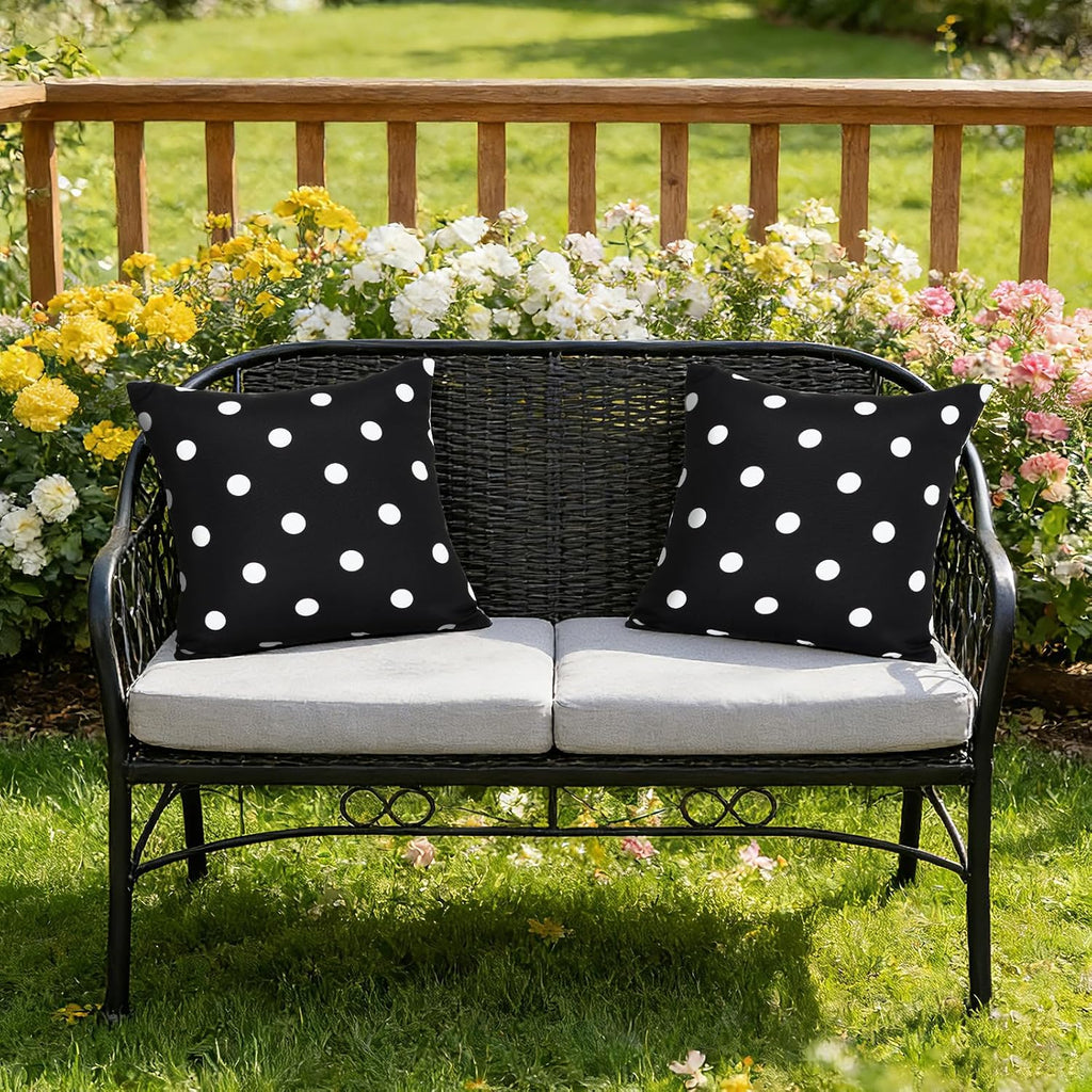 18X18'' Set of 2 Waterproof Outdoor Pillow Covers for Spring Summer Patio Throw Pillows, Black White Polka Dot, 18X18