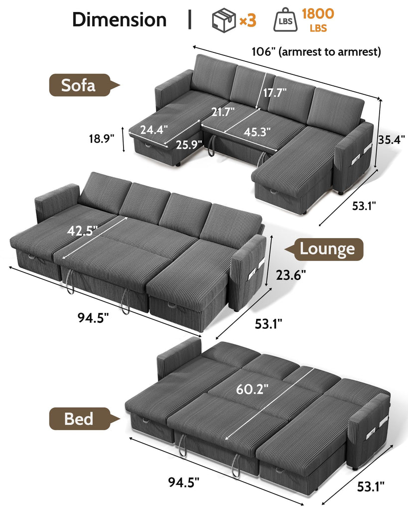 106" U Shaped Sectional Sleeper Sofa Bed with Pull Out Bed, Sectional Sleeper Couch Pull Out Couch with Reclining