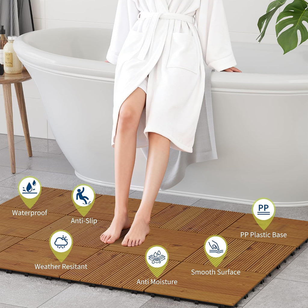 22 PCS Solid Acacia Wood Composite Deck Tiles - 12" x 12" Indoor Outdoor Waterproof Flooring Tiles for Balcony