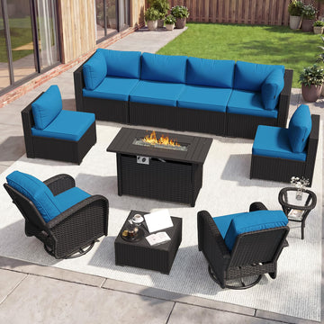 11 Piece Outdoor Patio Furniture Set with 44'' Fire Pit Table, Wicker Rattan Outdoor Furniture with High Back Swivel