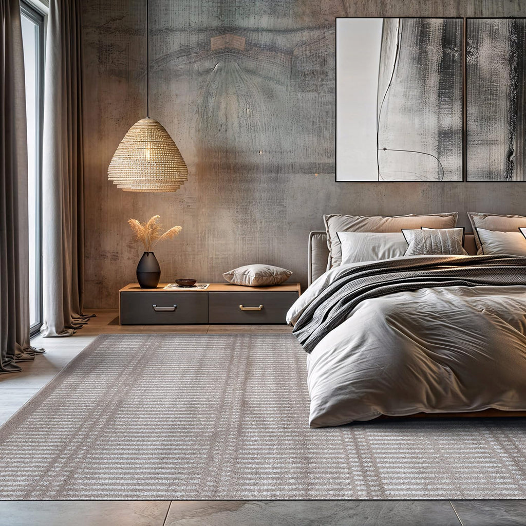 Contemporary Stripe Lines High Traffic Area Rug Beige