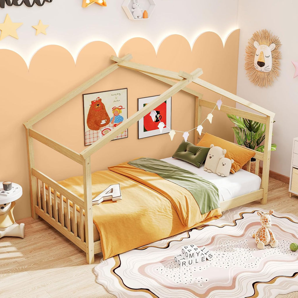 House Bed Twin, Solid Wood Kids House Bed with Roof, Headboard and Footboard, Low Floor Twin Bed Frame for Kids Teens