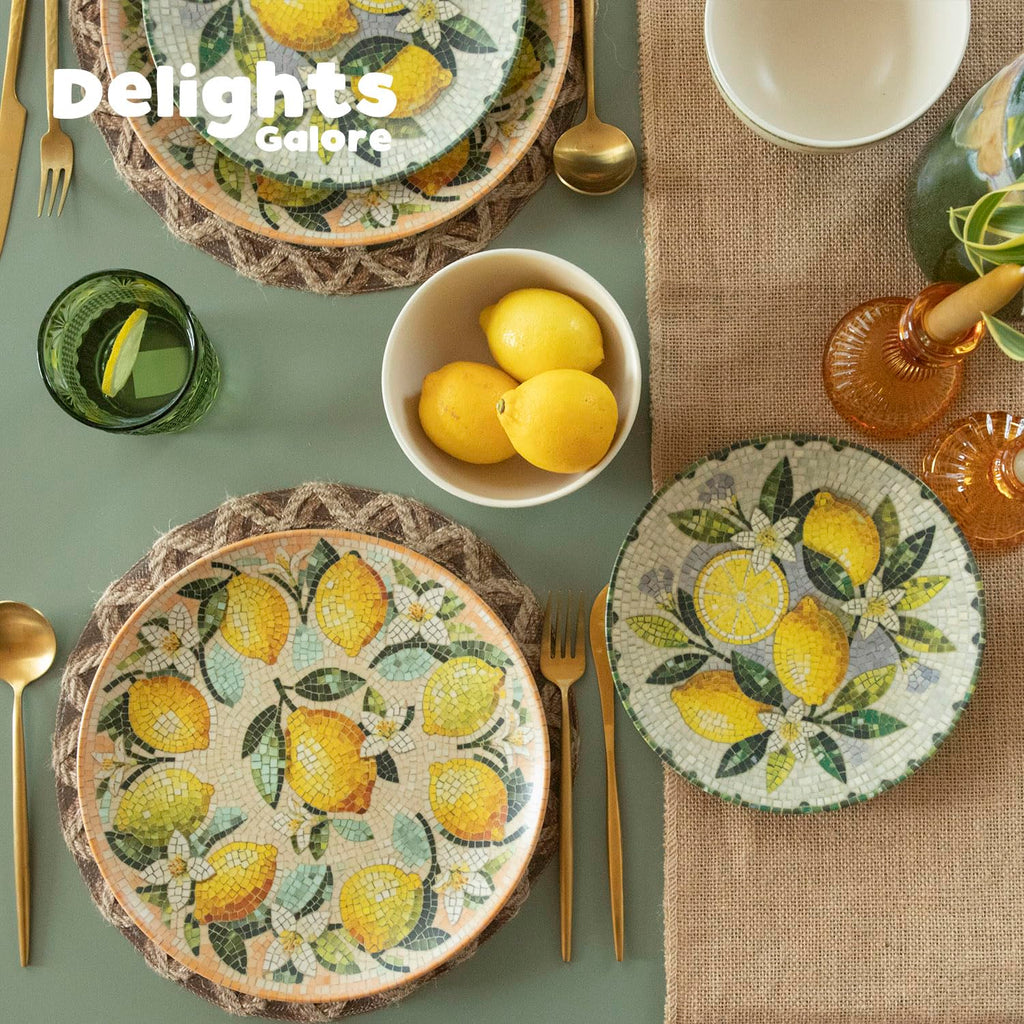 12-Piece Ceramic Dinnerware Set for 4, Lemon Mosaic Printed Plates and Bowls Set, Mediterranean Style Matte Stoneware