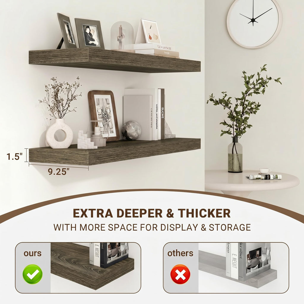 72in Floating Shelves, 9.25" Deep x 1.5" Thick Floating Shelves for Wall, Wooden Shelves, 1 Pack, Grey Oak