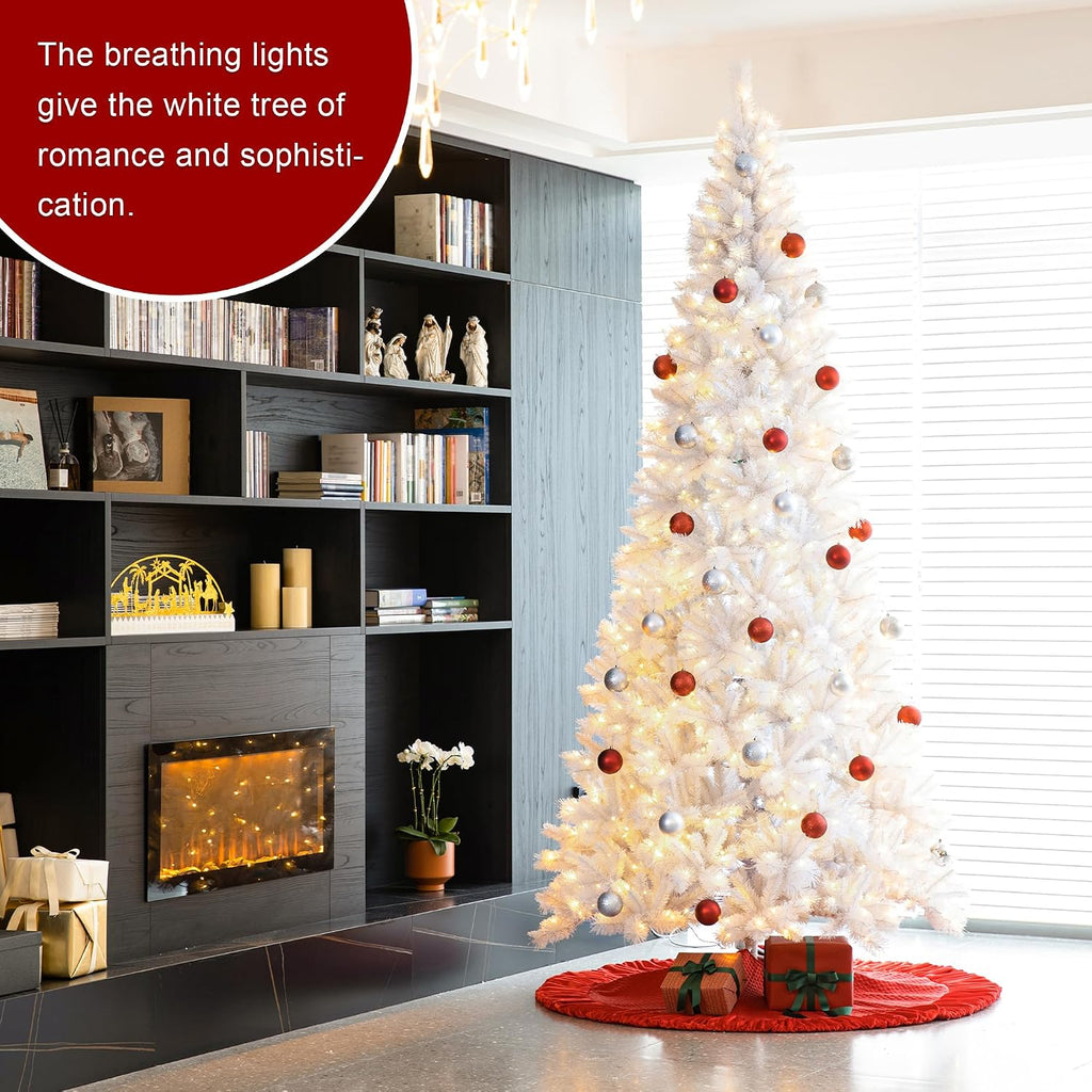 Pre-Lit White Pine Full-Size Artificial Christmas Tree with 800 Warm White Lights, Three Function, Aspen
