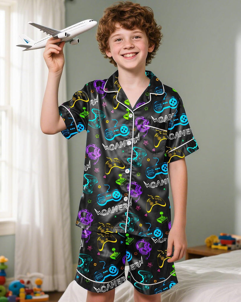 Boys Pajamas Boys Satin Pajamas Set Summer Short Sleeve Button-Down & Shorts Pjs Kids Boy Silky Pajama