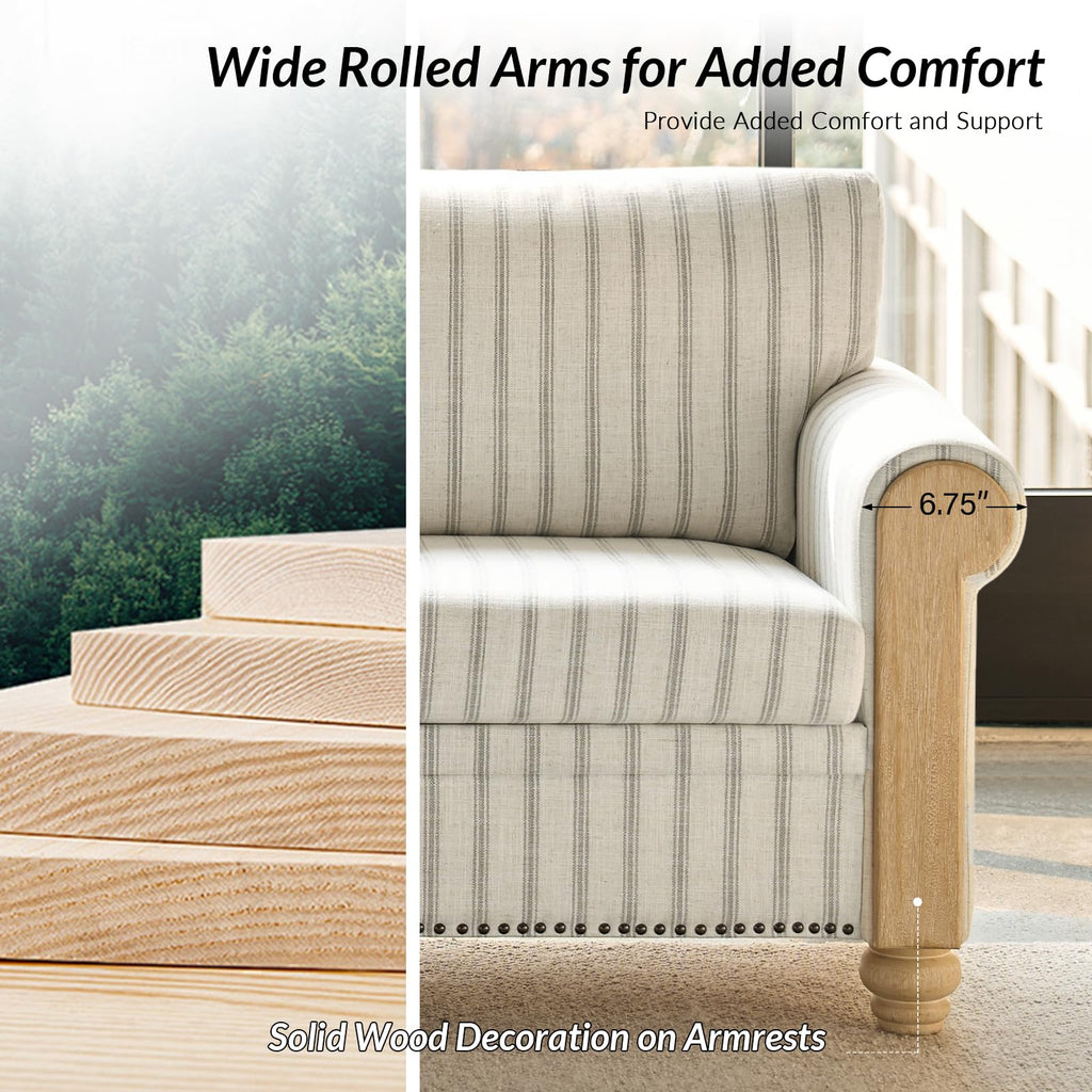 81" Farmhouse Couch with Stripe Pattern, 3 Seater Sofa with Solid Wood Legs and Rolled Wide Armrests, Comfy