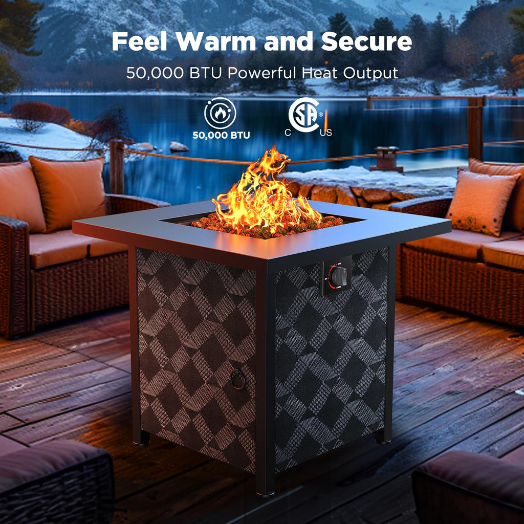 Propane Fire Pits 28′′ Outdoor Gas Fire Pit, 50, 000 BTU Square Fire Pit Table with Lava Rocks, 2-in-1 Fire Table with