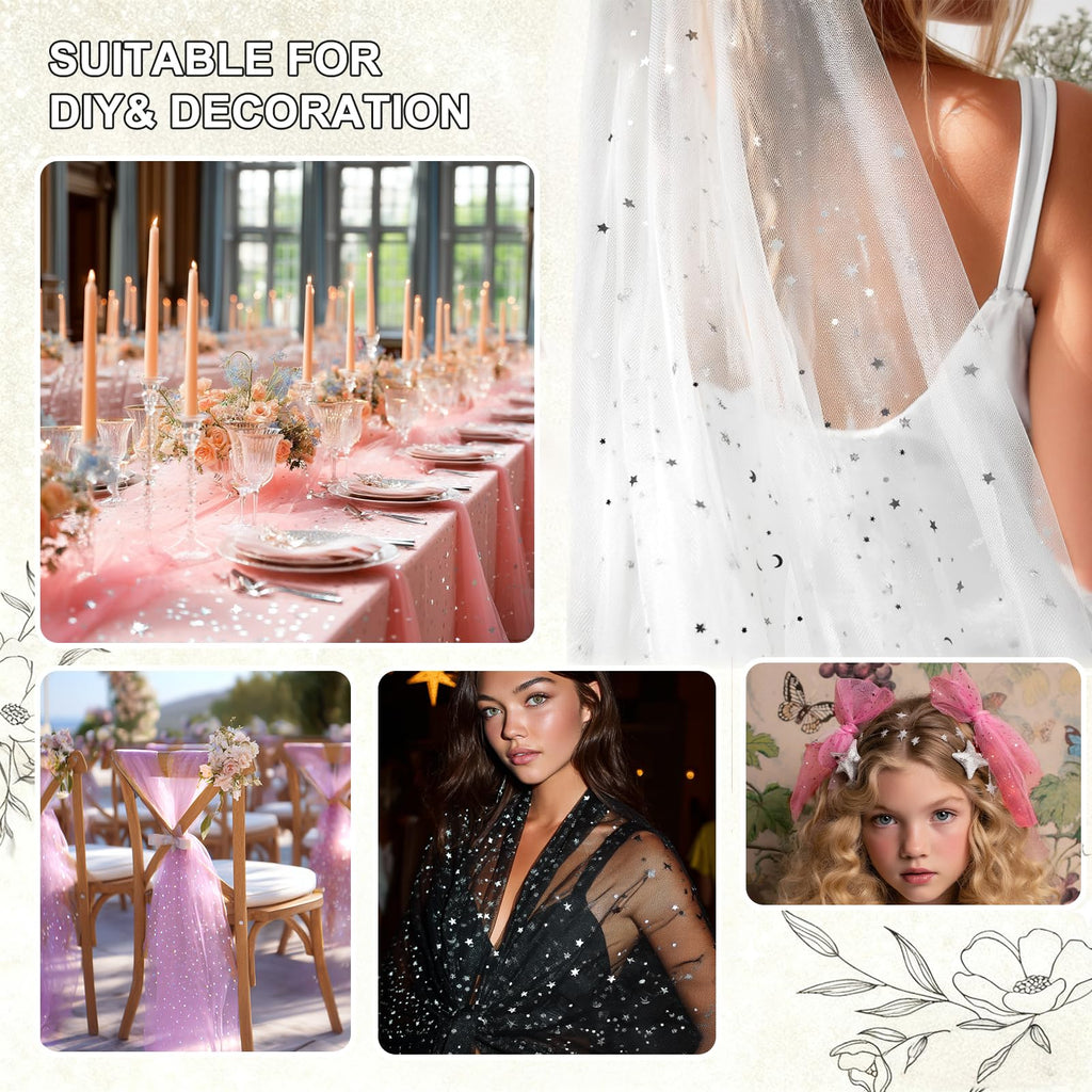 61"Width Glitter Tulle Fabric with Star Moon Sequin, 100% Polyester, Sparkly Fabric for Tutu Skirt Bridal Veil