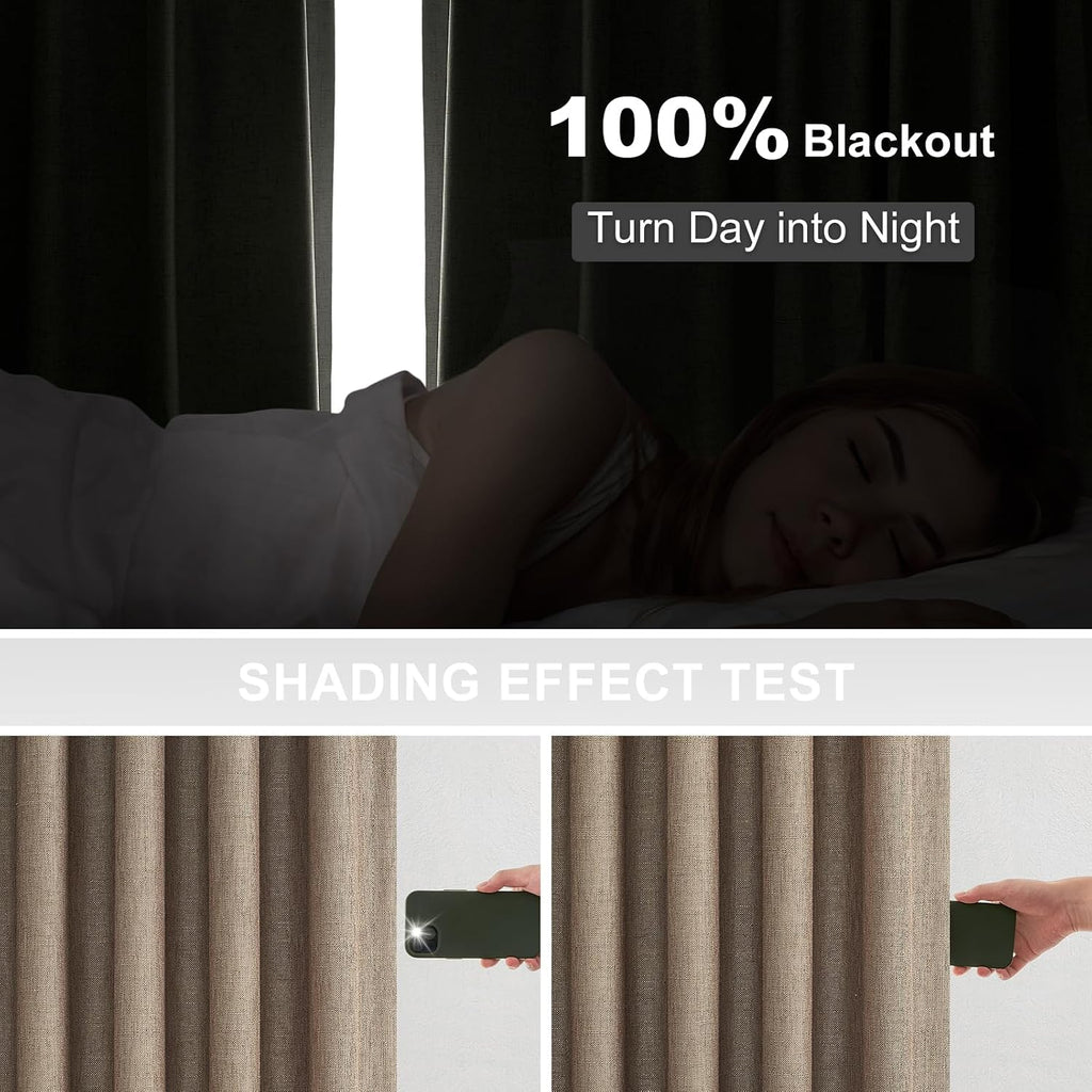 Dark Flax 90 Inches Long Linen Curtains,Full Blackout Pinch Pleated Thermal Insulated Soundproof Curtains,Dark Flax
