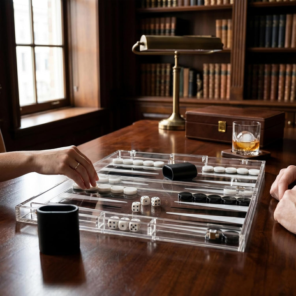 Modern Acrylic Backgammon Set - Clear Lucite Board Game - Premium Dice Cups & Accessories - Luxury Portable