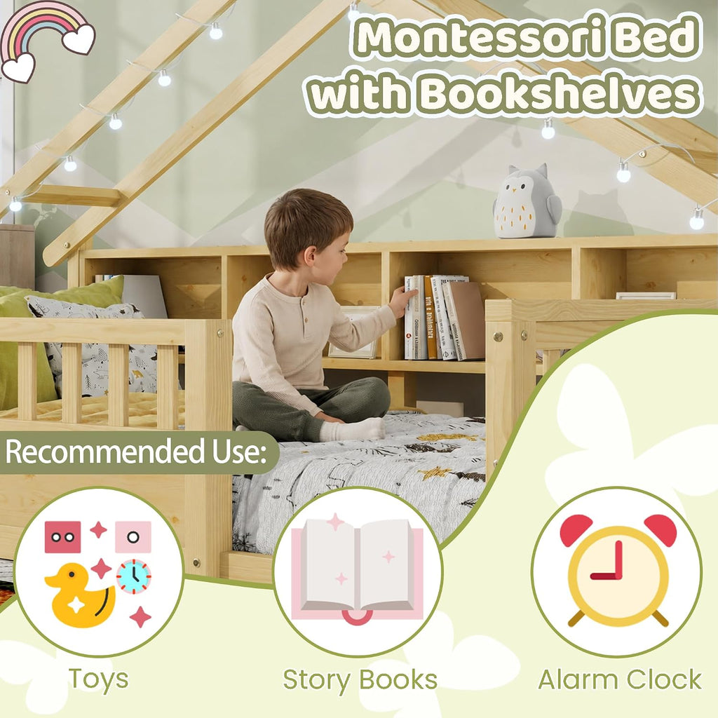 Floor Bed with Storage Bookshelves and Light, Wooden Montessori House Bed Frame with Roof Shape, High