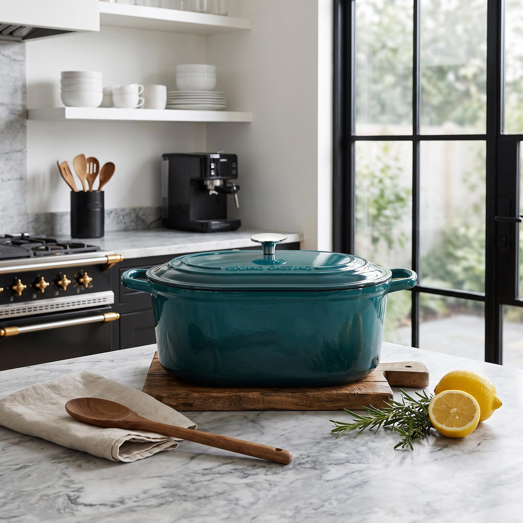 Enameled Cast Iron Oval Dutch Oven, 6QT, Darkcyan