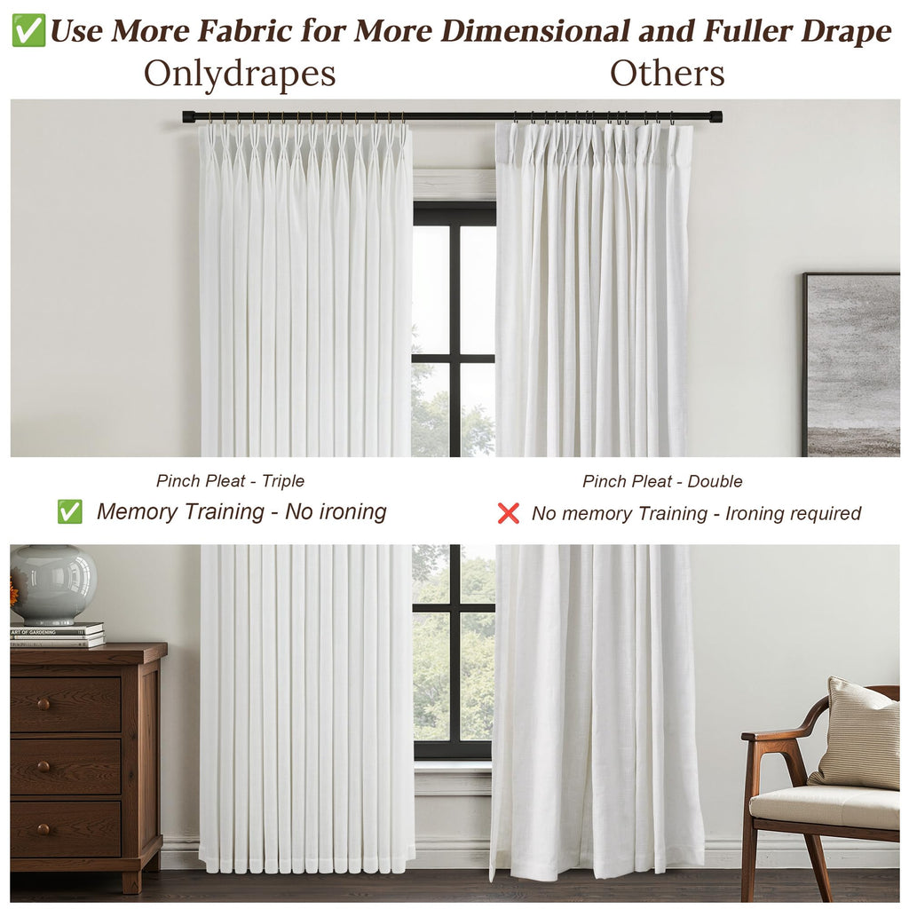 Beige White Triple Pinch Pleated Curtains 90 Inch 2 Panels Bedroom Memory Shape Trained Pleated Linen Drapes Ivory