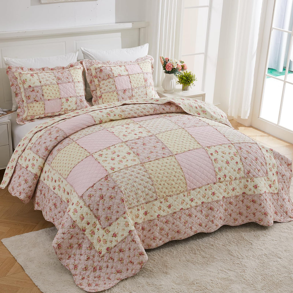 100% Cotton Patchwork Quilt Set Queen, Real Sewn, 3-Piece Pink Floral Quilt Bedding Set Reversible Lightweight