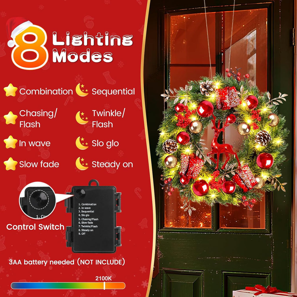 Lighted Christmas Wreath Front Door - 16'' Reindeer Winter Wreath with 8 Modes Timer, Red Gold Balls, Snowflakes