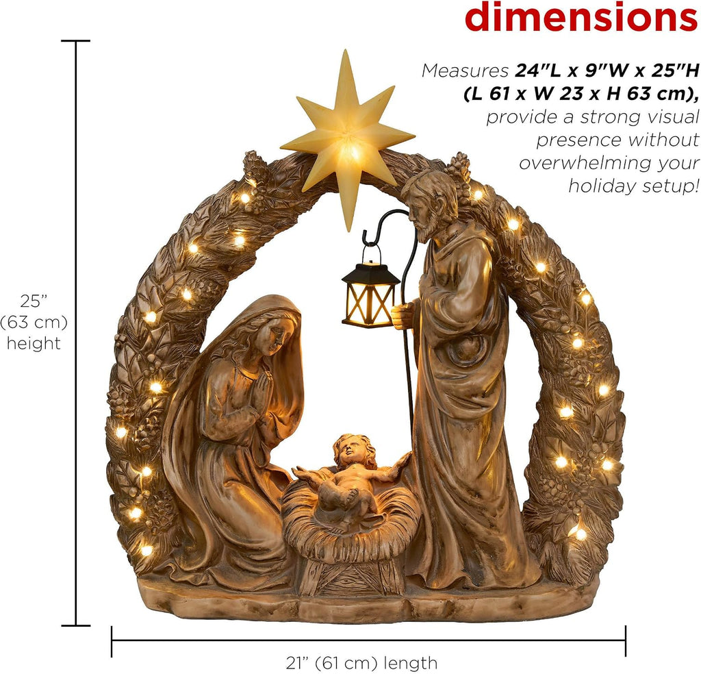 25" Tall Indoor/Outdoor Nativity Scene Lighted Holiday Decor with Warm White LED Lights, Christmas Displays, Brown