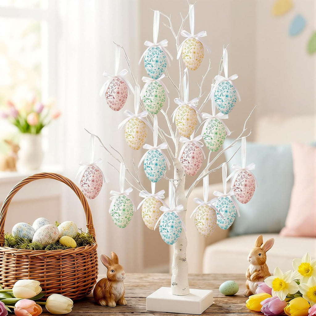Easter Eggs Hanging Colorful Ornament, Toile de Jouy Style - Set of 24