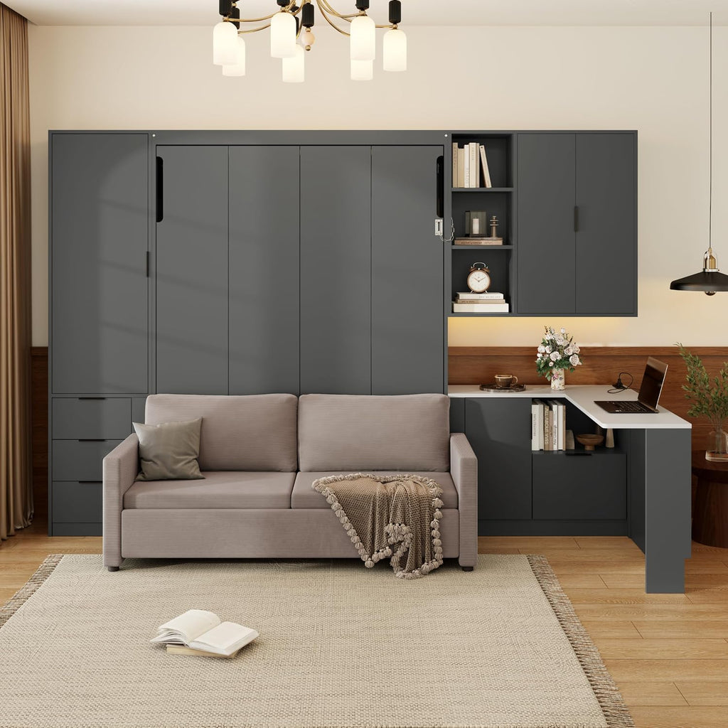 Queen Murphy Bed with Hydraulic System and L-Shaped Office Desk, Multifunctional Foldable Wall Bed Frame with Storage