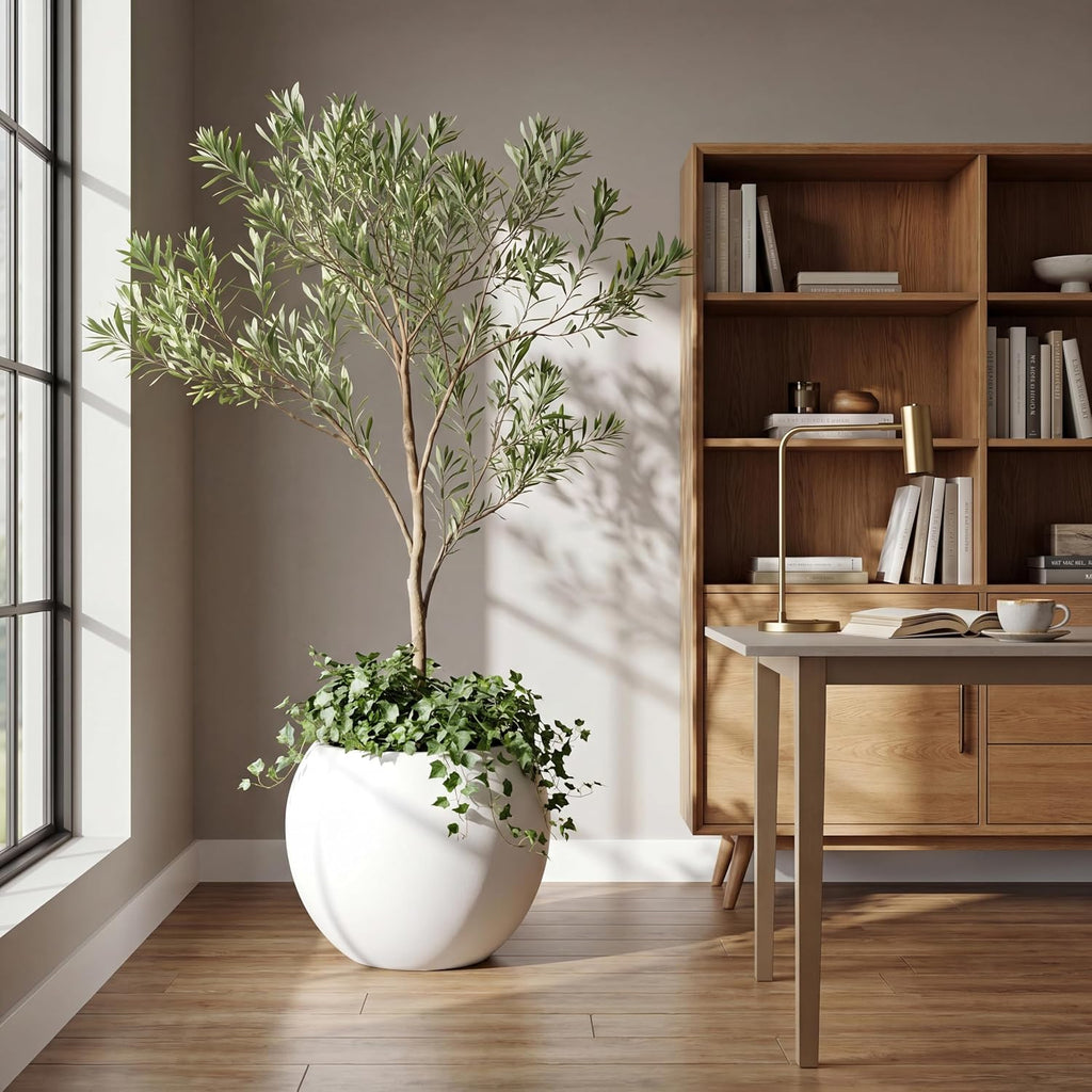 17" H x 21" Dia White Fiberstone Planter Pot with Drainage Hole, Extra Large Round Indoor Outdoor Flower Pot for