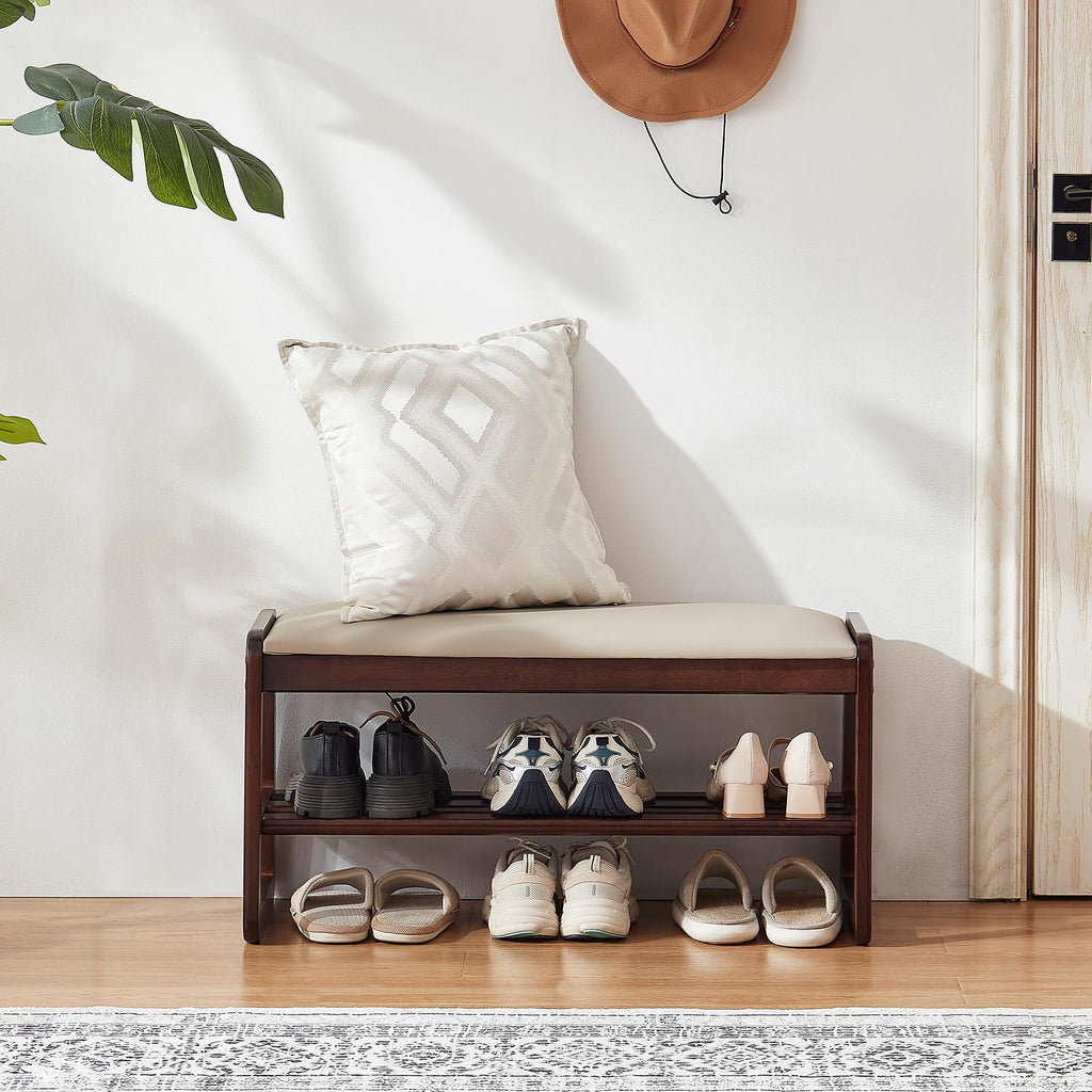 Shoe Rack Bench, 2 Tier Solid Wooden Entryway Bench(Pu Beige, 31.5")