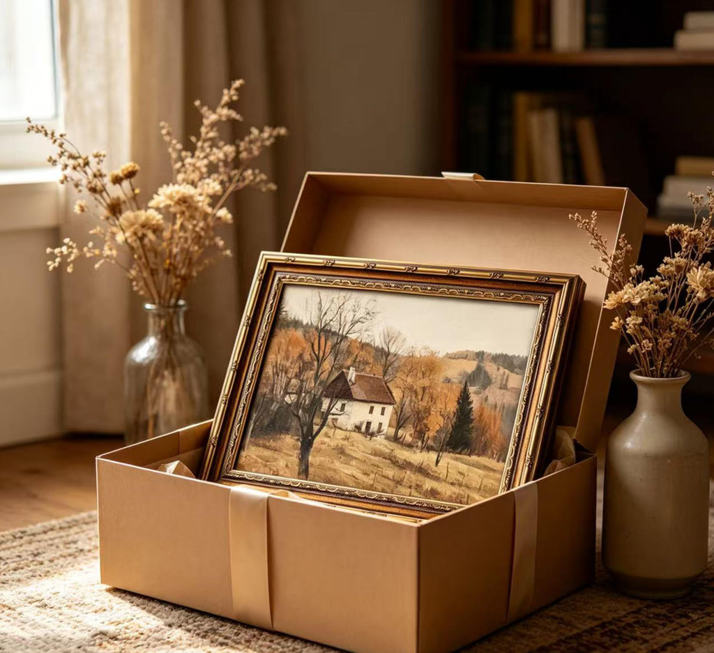 Vintage Gold Framed Autumn Country Cottage Wall Art, Rustic Farmhouse Landscape Canvas Prints, Retro Fall Cabin