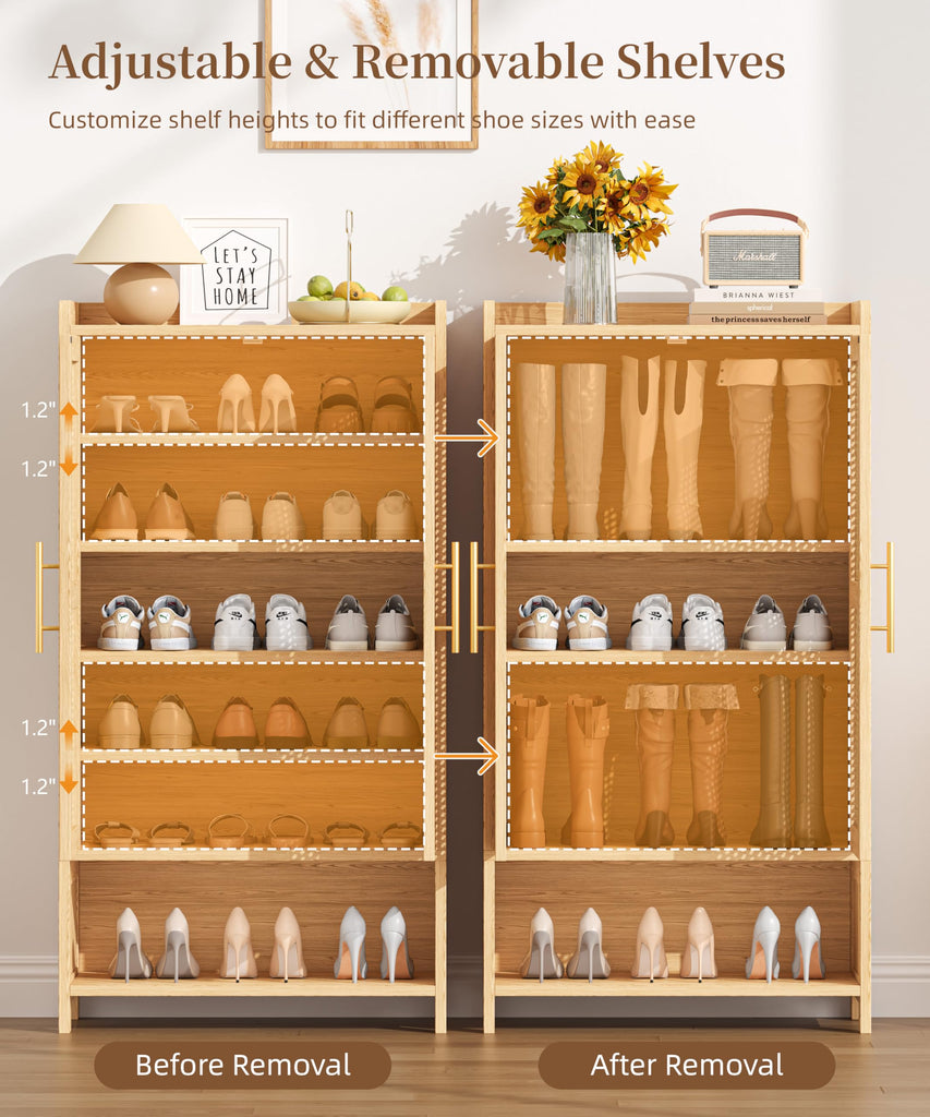 Rattan Shoe Cabinet with Doors & Adjustable Shelves, Natural Oak