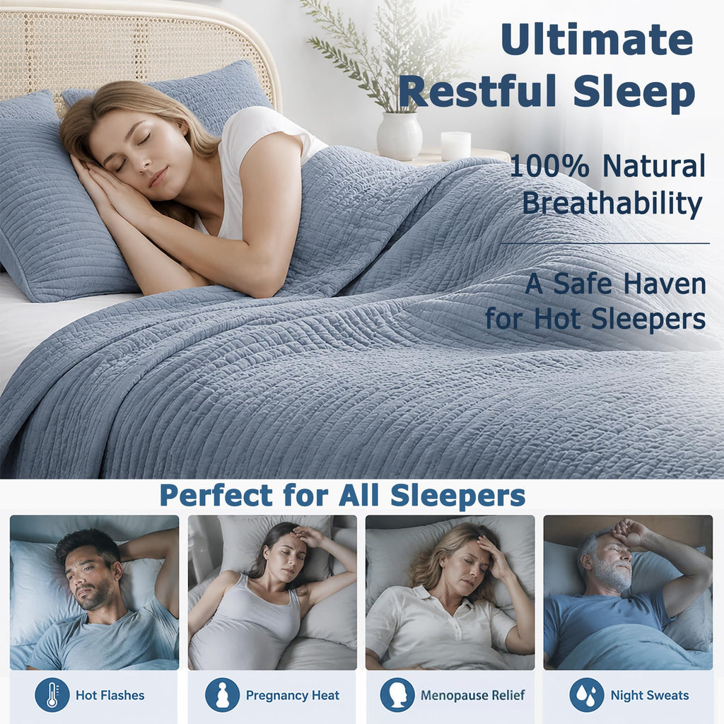 Natural Linen Cotton Quilt - Skin-Friendly Breathable & Hypoallergenic Quilt, 3 Piece Wave Stitched Dusty Blue