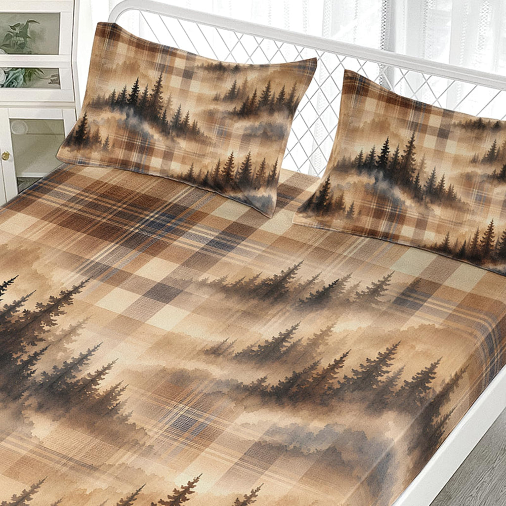 Woodland Pine Fitted Sheet Set, Beige Check 3-Piece Soft Microfiber Bedding with 2 Pillowcases, 16 Inch Deep