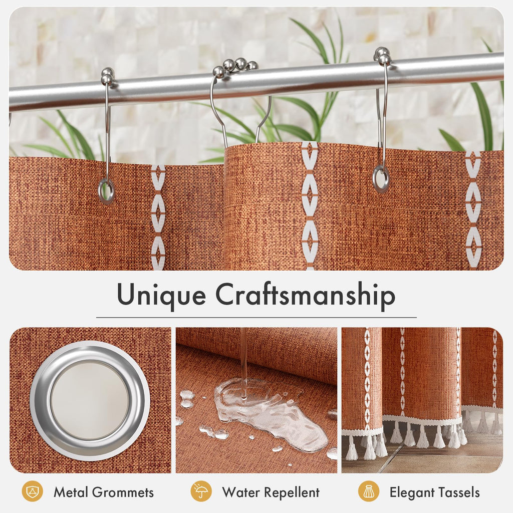Farmhouse Shower Curtain Boho with Tassels, Linen Blend Heavy Duty Fall Shower Curtain Set with 12 Metal Hooks