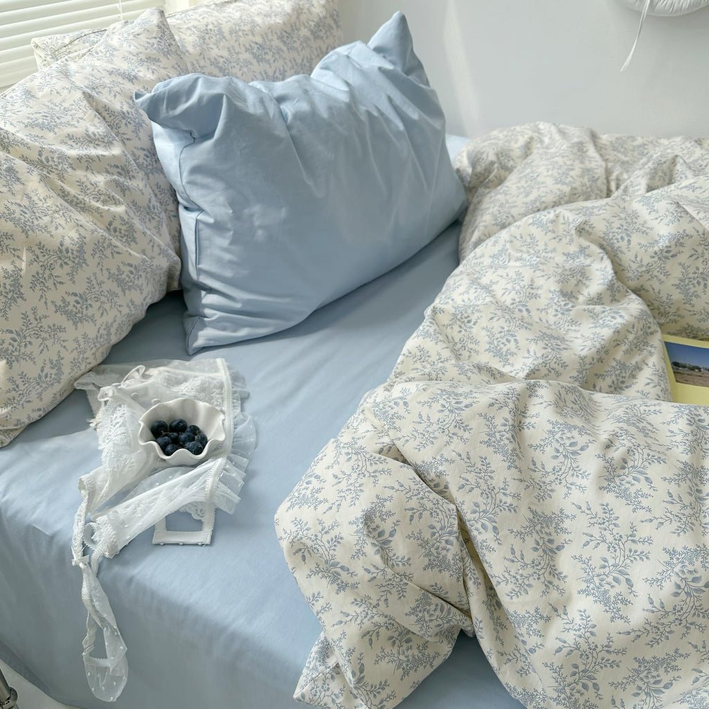 Blue Floral Duvet Cover Twin Size - 100% Cotton Soft Boho Comforter Cover with Zipper Closure 4 Ties, 3-Piece Vintage