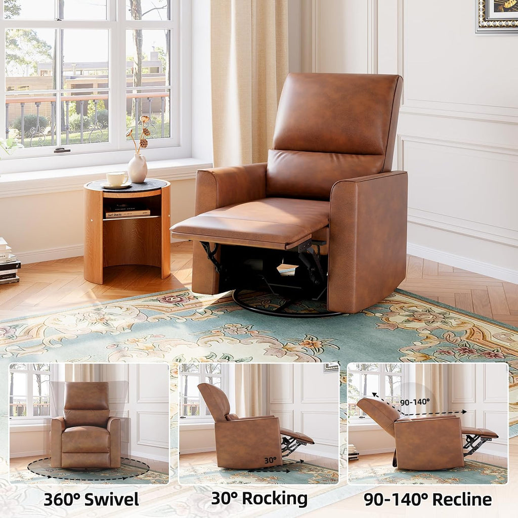 Swivel Rocking Recliner Chair, Manual Leather Recliner Glider with | Lumbar Support & Padded Armrest, Comfortable