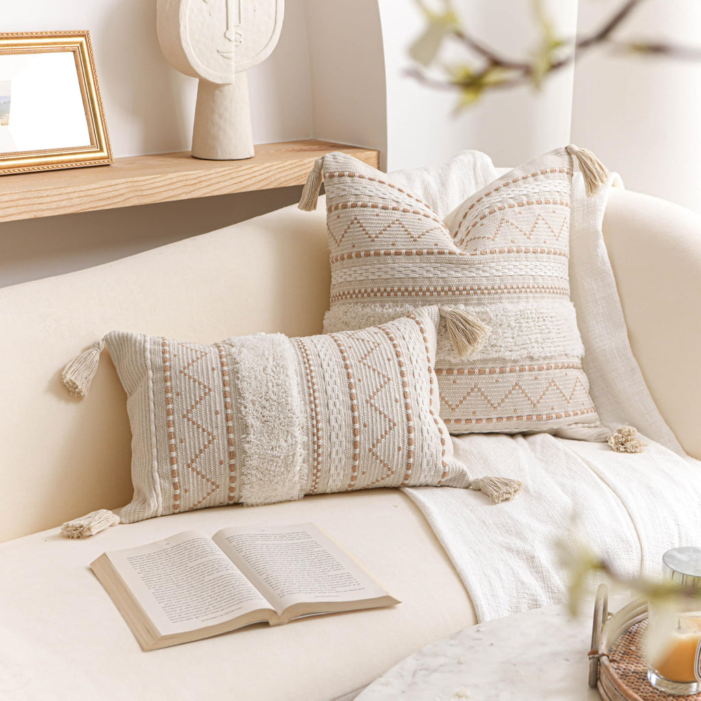 12x20 Lumbar Pillow Cover, Cream Neutral Beige Rectangular Decorative Cushion Cover, Boho Accent Pillowcase with