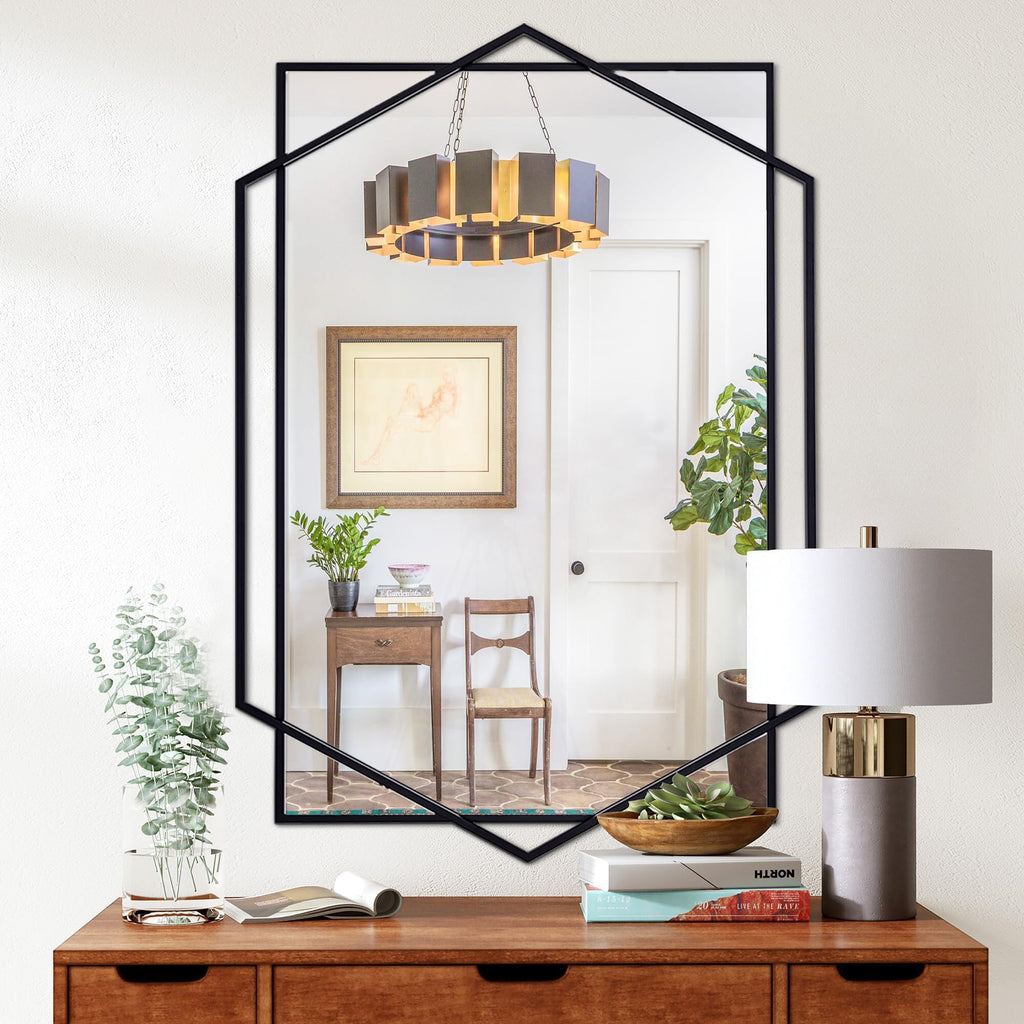 Living Room Black Wall Mirror for Decor with Metal Pipe, 32"x47"